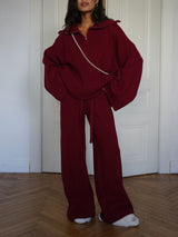 Knit Solid Color Zipper Top & Straight Pant Set