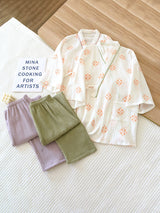 Cotton V Neck Floral Print Robe Pajama Set