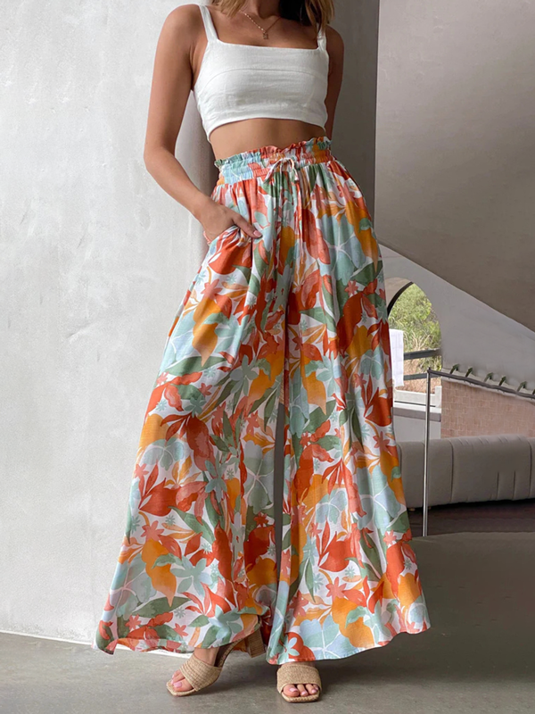 Ruffle Floral Print High Waisted Beach Pants