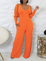 Solid Color Ribbed Knit Vest Jumpsuit Set