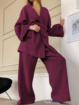 Cotton Solid Color Long Sleeve Robe Set