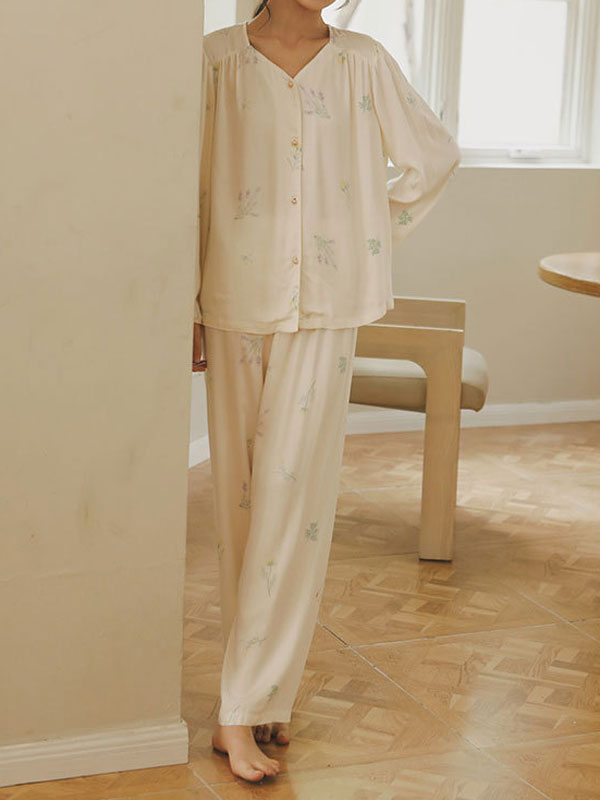 Flower Printed Long Sleeve Pajama Set