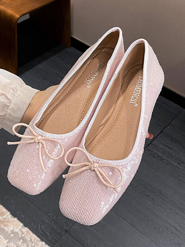 Square Toe Sequin Bow Flat Ballet Flats