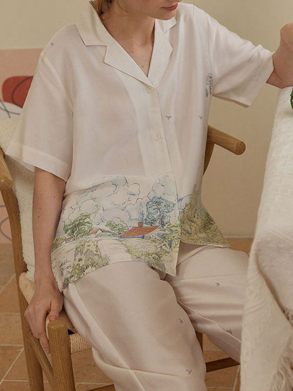 Lapel Printed Short Sleeve Pajama Set