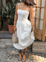 Spaghetti Strap Puffy Maxi White Dress