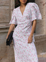 Short Sleeve V Neck Floral Midi Dress