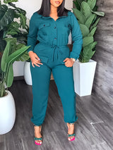 Solid Color Lapel Tie Up Long Sleeve Jumpsuits