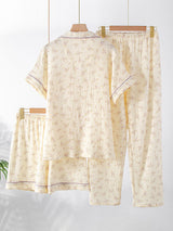 Small Floral Printed Short Sleeve 3Pcs Pajama Set