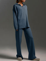 V Neck Solid Knitted Sweater Set