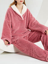 2Pcs Fleece Lapel Long Sleeve Pajamas