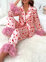 Heart Print Fuzzy Trim Satin Pajama Set