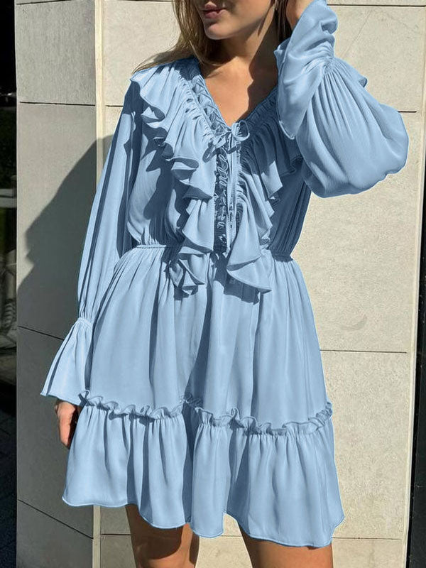 Ruffle Lace Up Long Sleeve Midi Dress