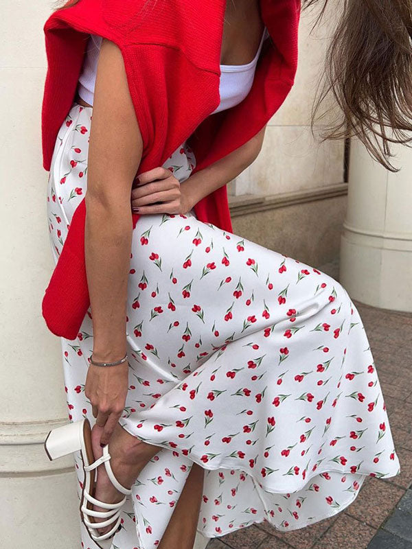 Printed White Long Skirt