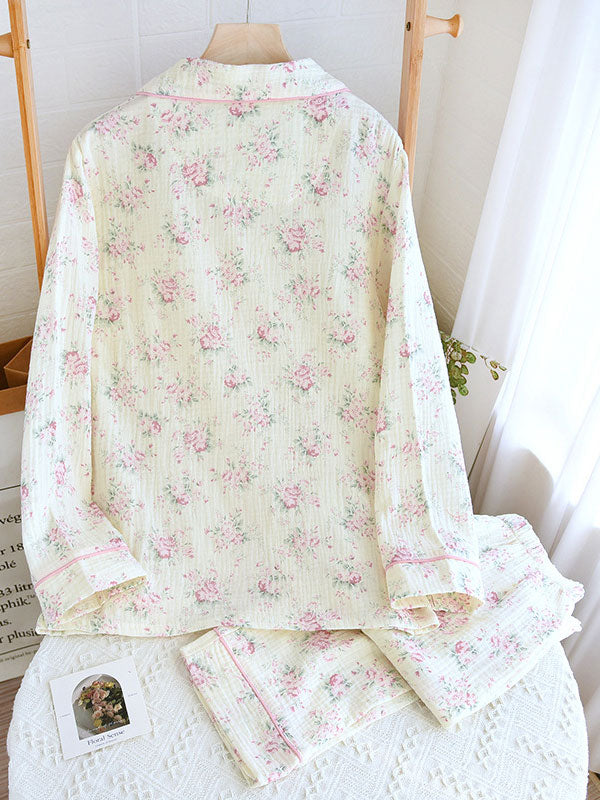 Long Sleeve Cotton Lapel Floral Print Pajamas