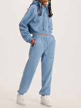 Thick Plush Hoodies Solid Short Top & Long Pants Set