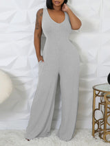 Solid Color Ribbed Knit Vest Jumpsuit Set