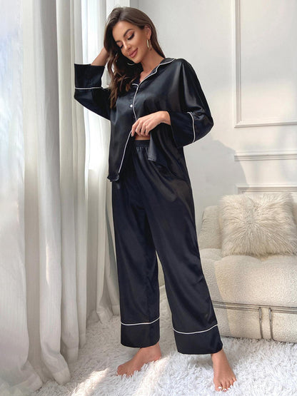 Satin Solid Color Long Sleeve Pajama Set