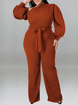 Solid Color Tie Up Lantern Sleeve Jumpsuits