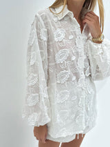 Embroidered Sheer White Shirt & Shorts Set