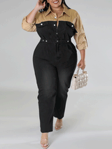 Demin Color Block Long Sleeve Jumpsuit