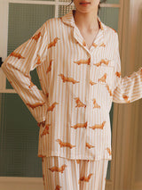 Dachshund Print Long Sleeve Striped Pajamas