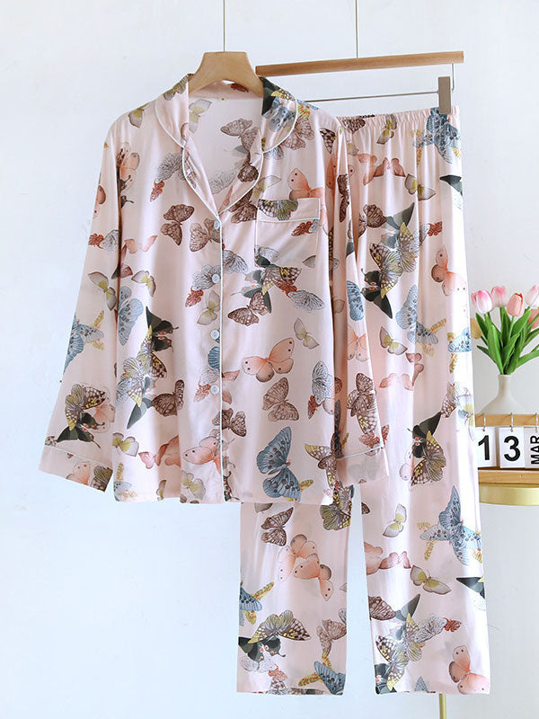 Lapel Long Sleeve Print Pajama Set