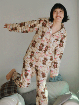 Long Sleeve Teddy Bear Print Pajama Set