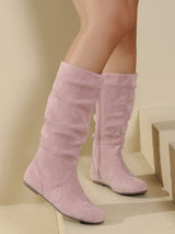 Suede Pleated Solid Color Mid-Calf Boots