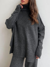 Solid Color Long Sleeve Turtleneck Sweater Set