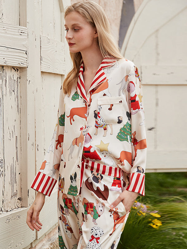 Satin Cartoon Print Long Sleeve Pajama Set