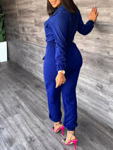 Solid Color Lapel Tie Up Long Sleeve Jumpsuits