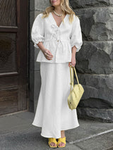 Lace-up Shirt and Maxi Skirt Two Piece Set