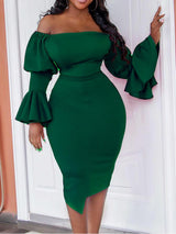 Off Shoulder Bell Sleeve Bodycon Midi Dress