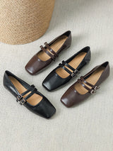 Square Toe Block Heels Mary Jane Flats