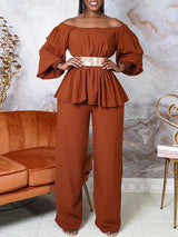 2Pcs Pleated Boat Neck Top & Loose Long Pants