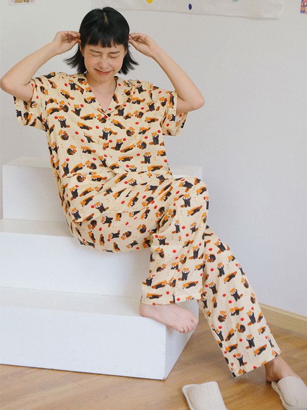 Cotton Short Sleeve Raccoon Print Pajama Set