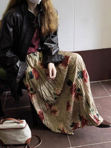 Vintage Rose Print Pleated Midi Long Skirt