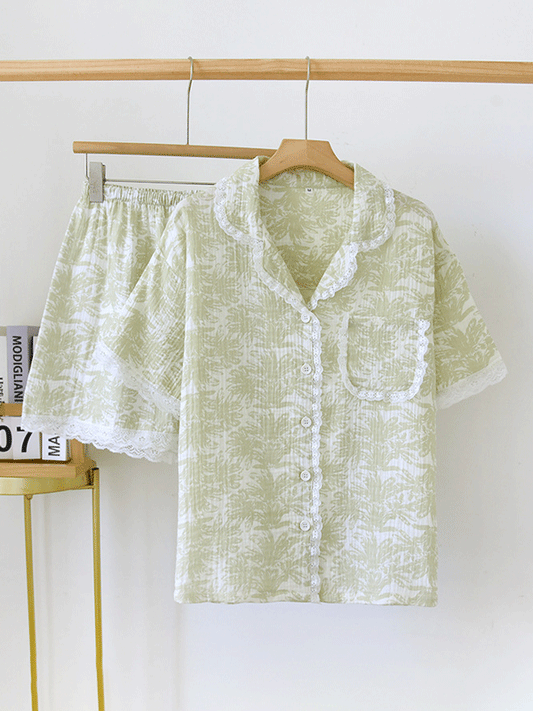 Cotton Printed Lace Trim Pajama Set
