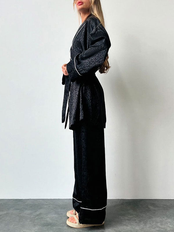 Long Sleeved Satin Jacquard Black Robe Set