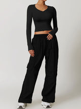 V Neck Long Sleeve Fitted Crop Top