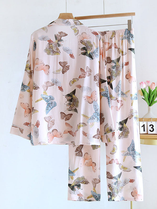 Lapel Long Sleeve Print Pajama Set