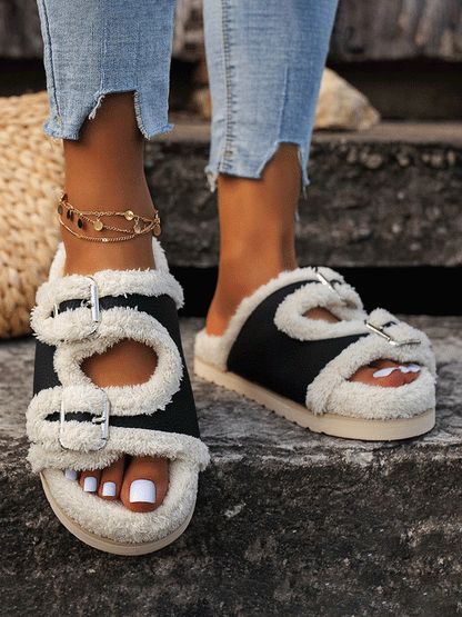 Plush Buckle Strap Slippers