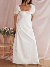Puff Sleeve Solid White Long Dress