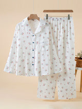 Lace Trim Long Sleeve Cotton Pajama Set