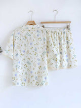 Lace Trim Floral Print Cotton Pajama Set