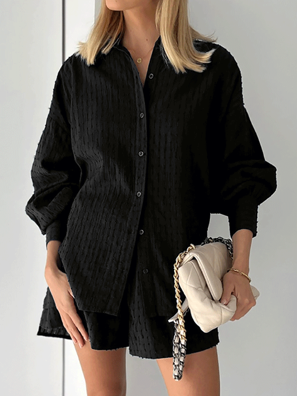 Puff Sleeve Solid Button Front Shirt & Shorts