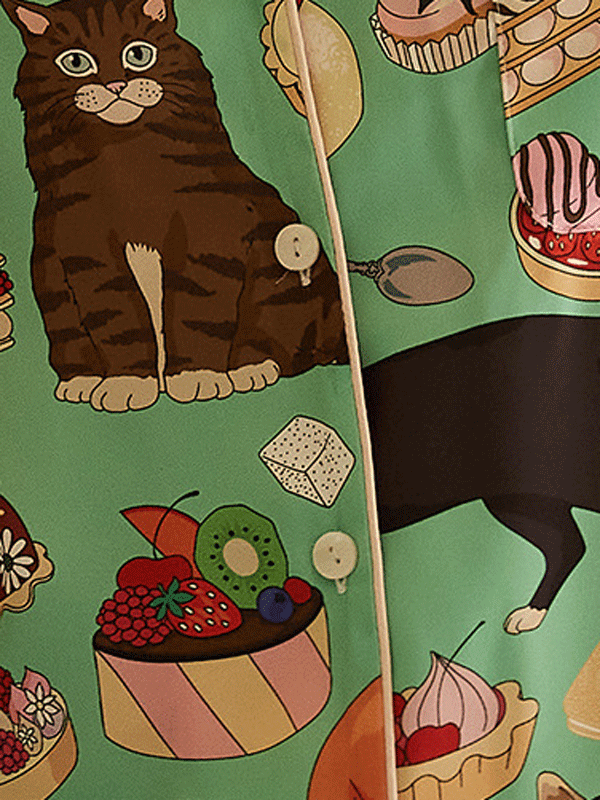 Coffee Cat Print Long Sleeve Pajama Set