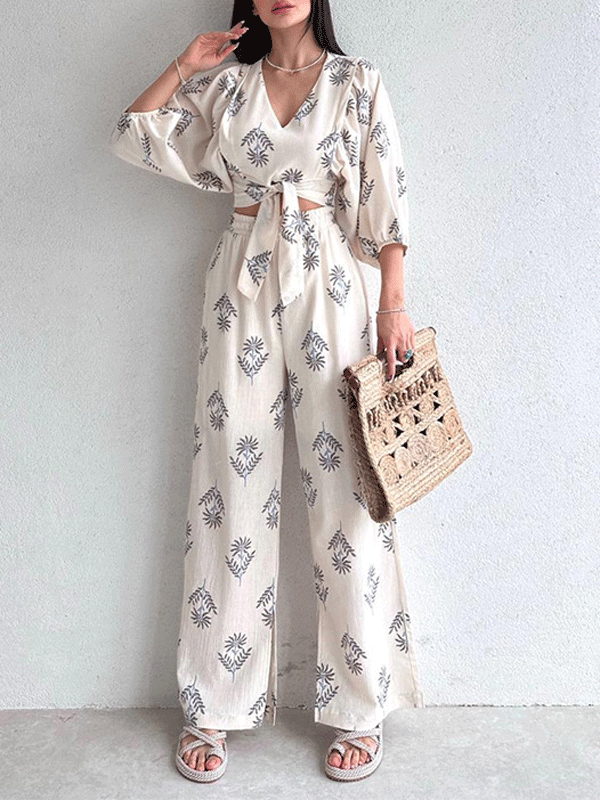Two Pieces Printed Bubble Sleeve Top & Pants Set