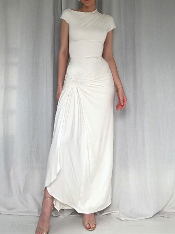 White Short Sleeve Split Maxi Dress