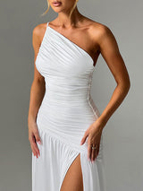 One Shoulder Split White Maxi Dress